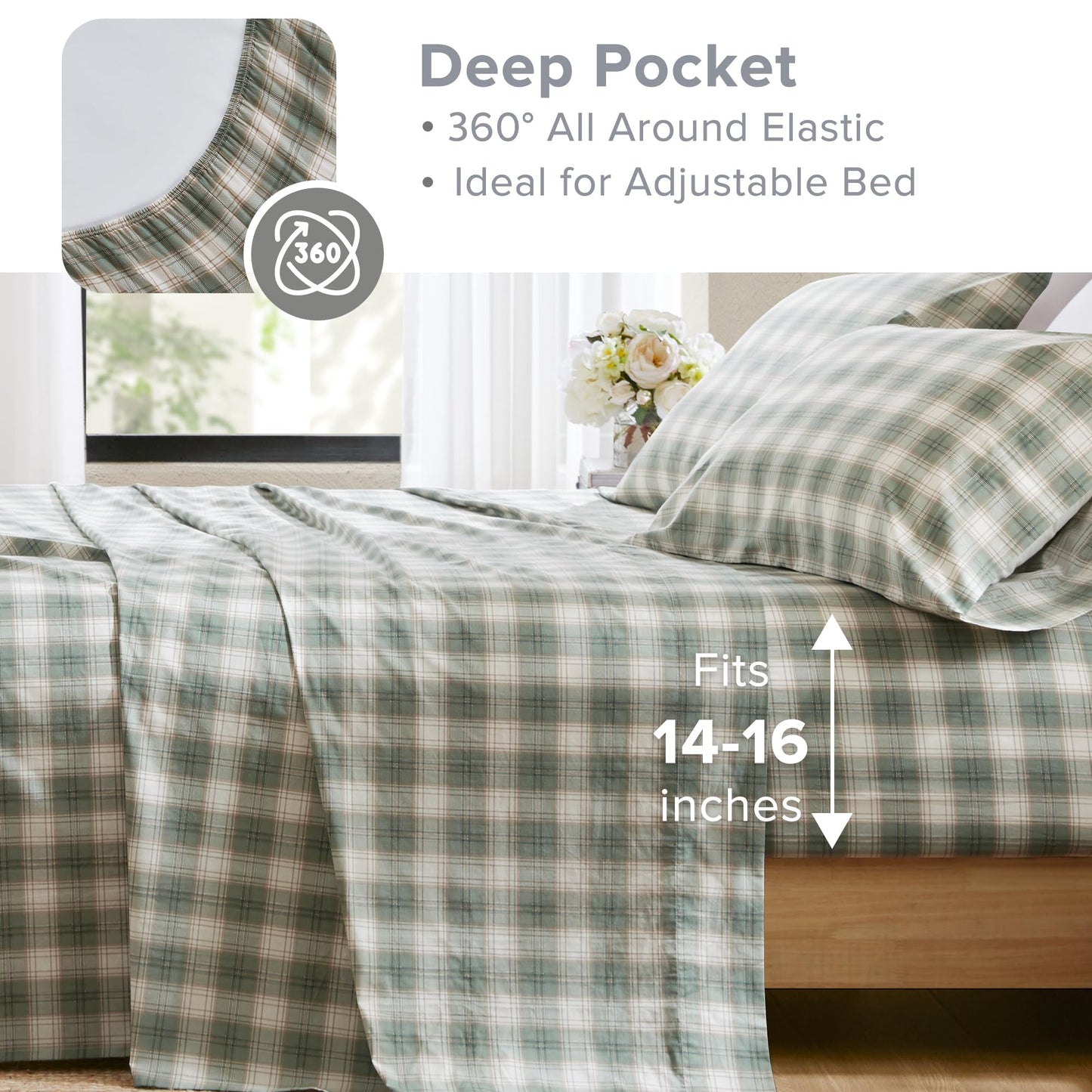 Comfort Spaces 100% Cotton Sheets Full, Breathable, Naturally Cool Cotton Sheets, Soft Cotton Bed Sheets with 14" Elastic Pocket Fits up to 16" Mattress, All Seasons Sheet Set, Wesley Green 4 Piece