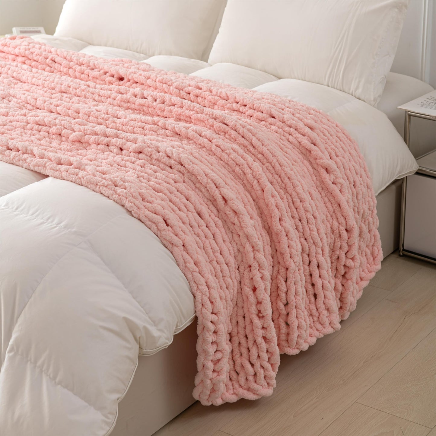 RIWASURNA Chunky Knit Blanket Throw 51"×63" Knitted Throw Blankets for Couch Bed Fluffy Soft Blanket with Jumbo Chenille Yarn Thick 100% Handmade(Pink)