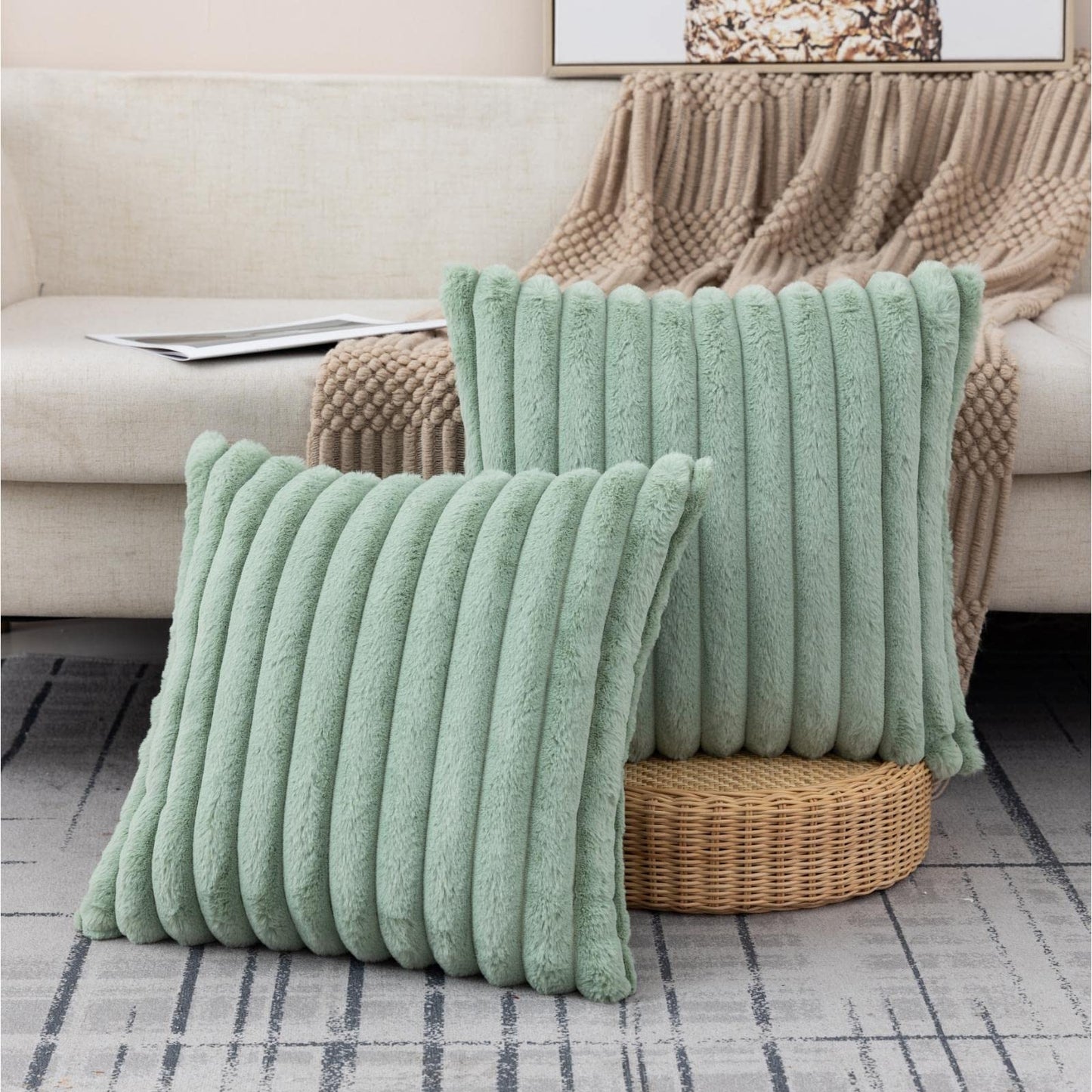 ZLINA Set of 2 Light Green Faux Fur Decorative Throw Pillow Covers Fluffy Striped Pillowcase Cushion Covers 16 x 16 Inch Decor Sofa Couch Bedroom