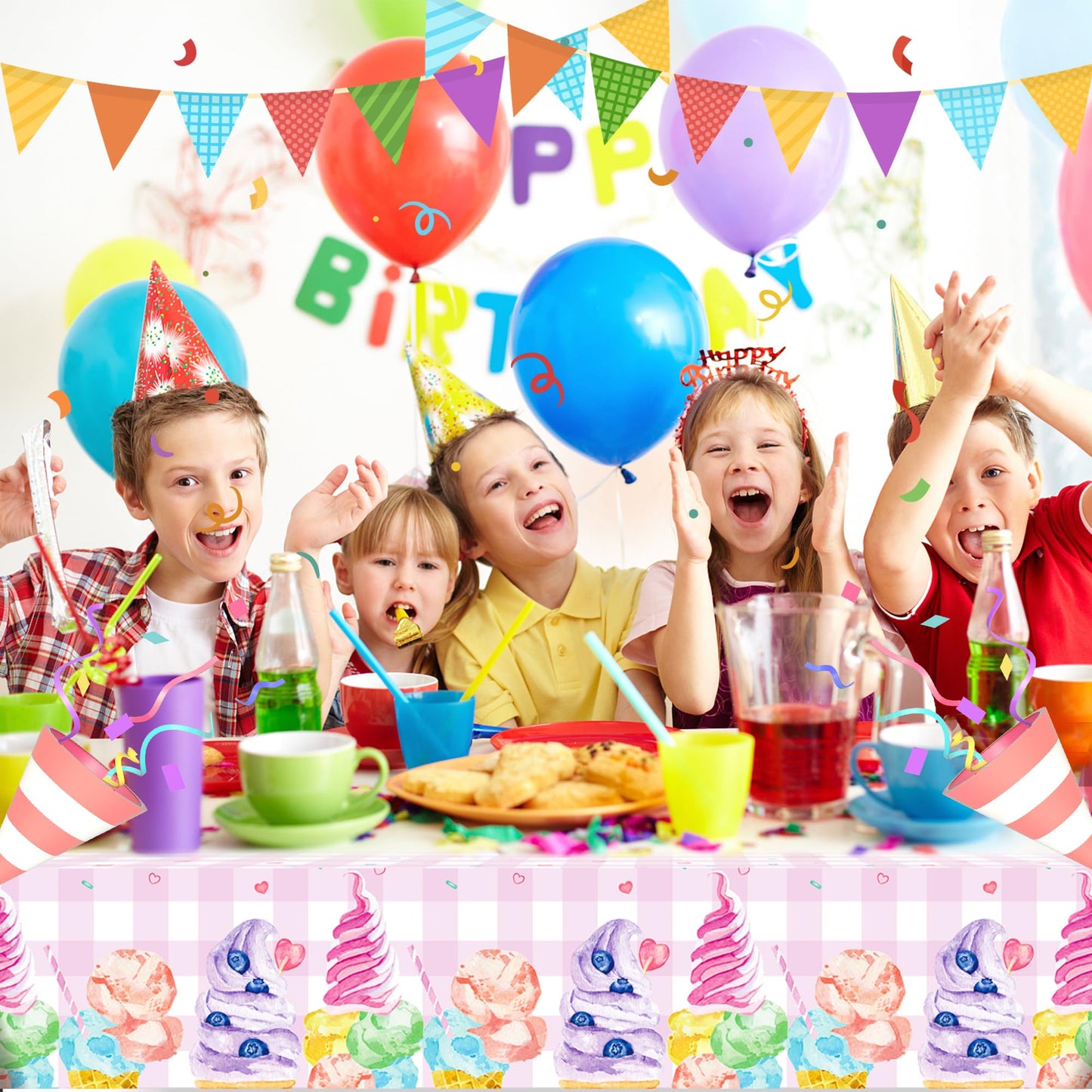 CC HOME 1Pc Ice Cream Cake Party Plastic Tablecloth 54 x 87 Inch Summer Sweet Ice Cream Long Rectangular Table Cover for Buffet Ice Cream Party Holiday Dinner Picnic Tablecloth for Kitchen Event Use