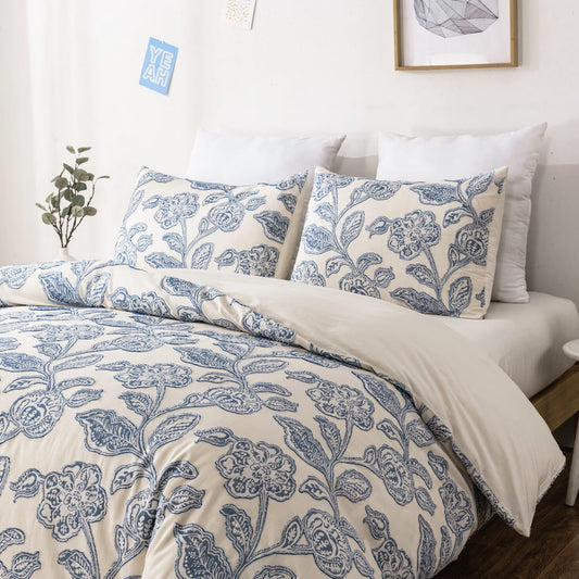 meadow park 100% Floral Cotton Duvet Cover King Size Bedding Set Soft Textured Comfy Breathable Jacquard Comforter Duvet Cover with 2 Pillow Shams, Button Closure&Corner Ties, Blue Color