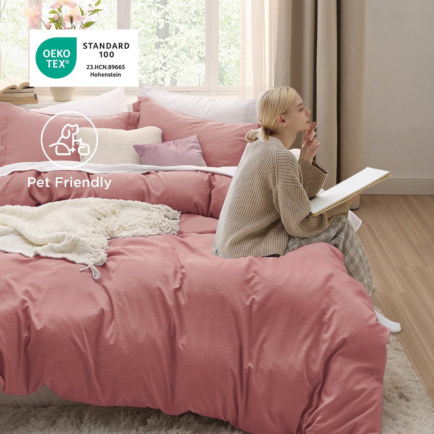 Bedsure Pink Clay Duvet Cover Queen Size - 3 Pieces Prewashed Cotton-Like Extra Soft Bedding Set, Includes 1 Duvet Cover 90x90 Inches with Zipper Closure & 2 Pillow Shams, Comforter Not Included