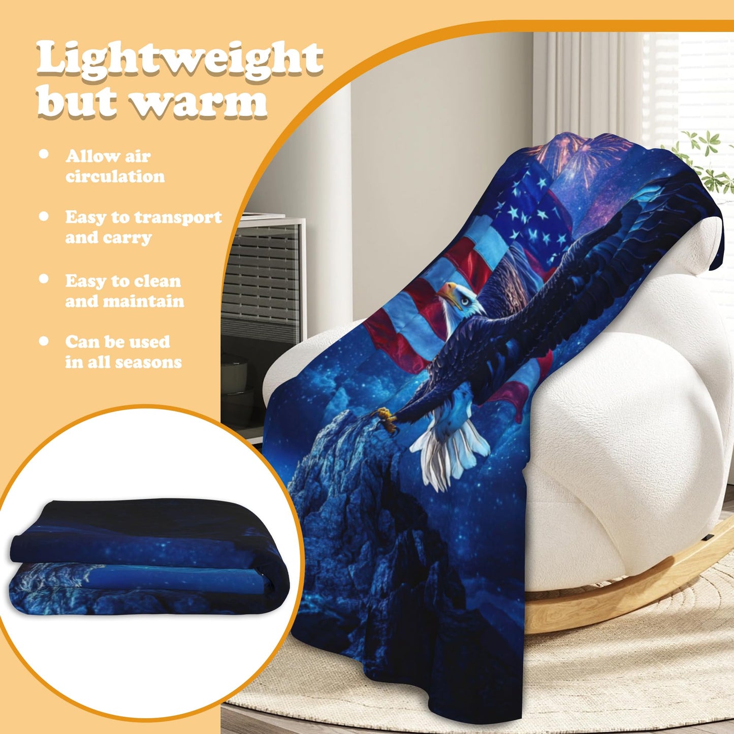 DKODKO American Flag Gifts Blanket - Eagle Throw Blankets, Independence Day Patriotic Decor Lightweight Blankets Easy Clean & Compact for Travel Camping,60''x 50''