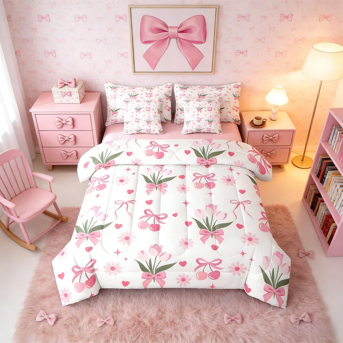 Erosebridal Pink Girls Daisy Flowers Bowknot Kids Full Comforter Set 7 Pieces | Tulip Bow Floral Bed in A Bag for Bedroom Love Hearts Cherry Bedding Set with Comforters Love Hearts Cherry Room Decor