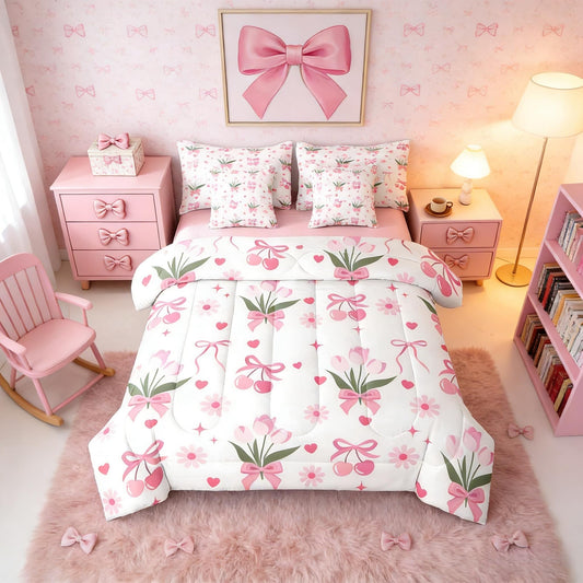 Erosebridal Pink Girls Daisy Flowers Bowknot Kids Full Comforter Set 7 Pieces | Tulip Bow Floral Bed in A Bag for Bedroom Love Hearts Cherry Bedding Set with Comforters Love Hearts Cherry Room Decor