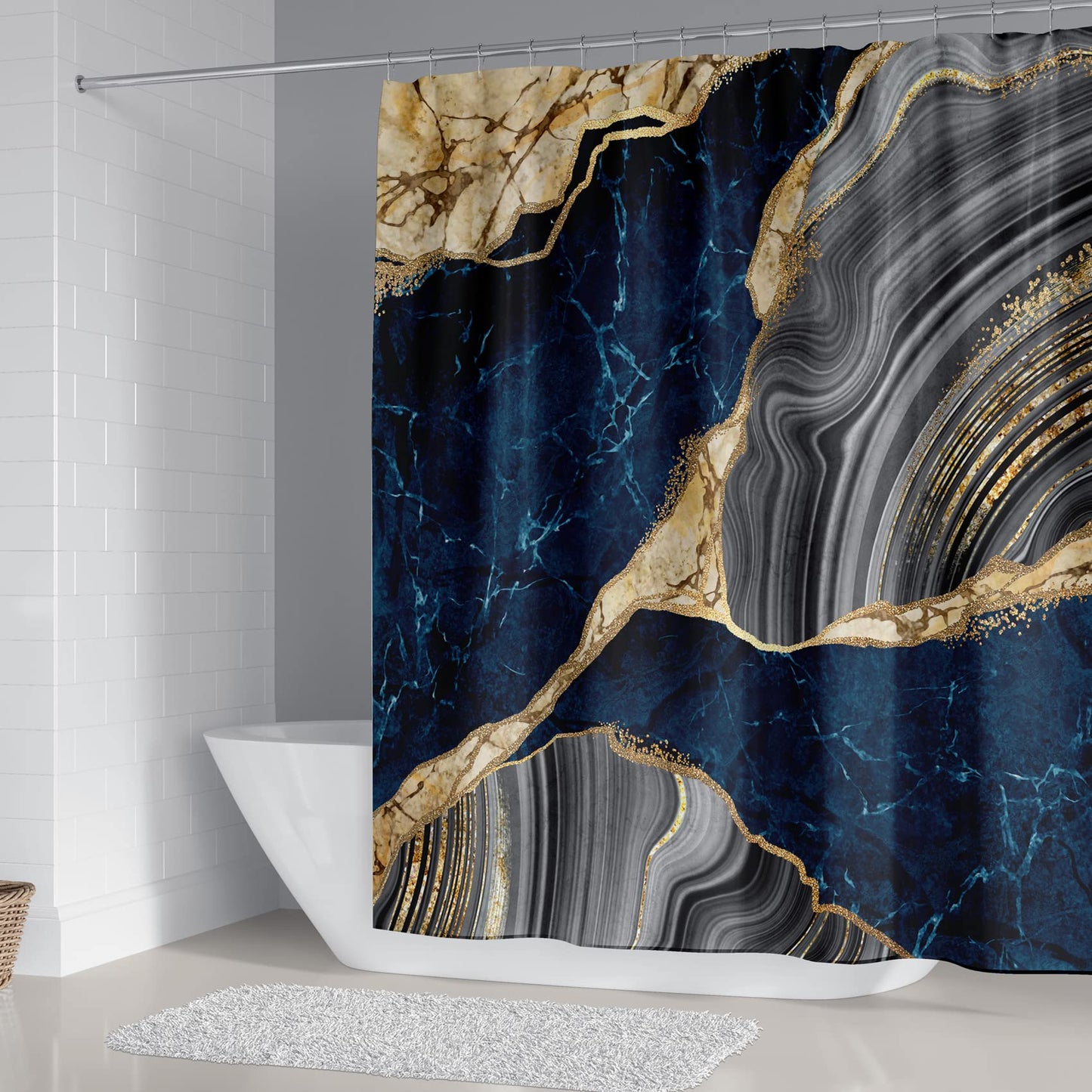 4Pcs Marble Shower Curtain Sets, Bathroom Decor Sets, Luxury Shower Curtain with 12 Hooks, Bath Mat, Toilet Lid Rug and Non-Slip U Shape Mat Accessories Marble Print, 72 x 72 Inch, Navy Blue