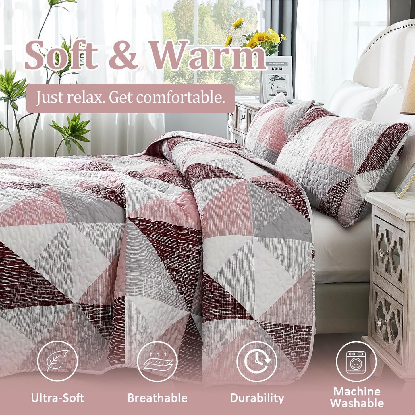 Dintszyayue Pink Quilt Queen Size, 3 Pieces Triangular Patchwork Bedspread Bedding for Queen Size Bed, Soft Lightweight Microfiber Geometric Coverlet Set for All Spring Quilt with 2 Pillowcases90 x96