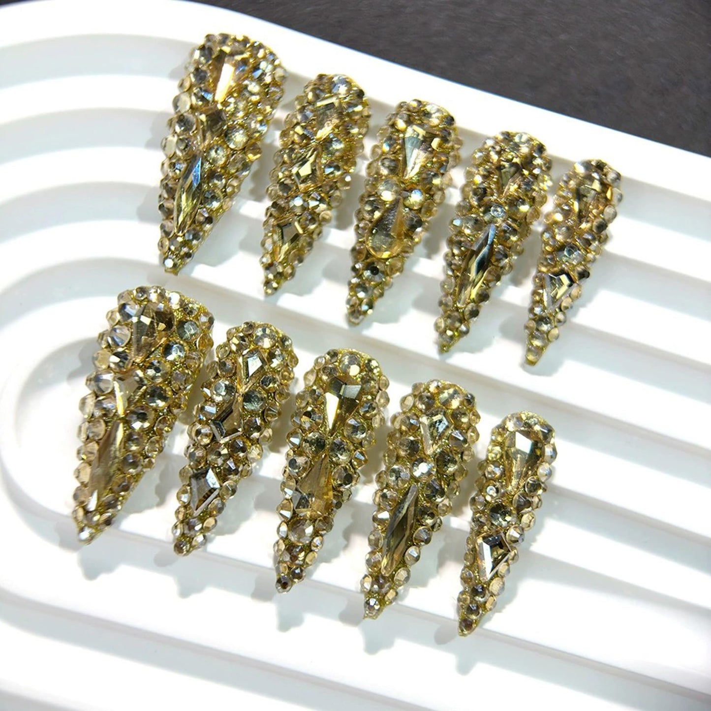 Almond Press on Nails Long Gold Rhinestones Handmade Fake Nails Luxury Full Cover False Nails with 3D Designs Acrylic Nails Press Ons Sparkly Reusable Glue on Nail for Women 10Pcs(Size M)