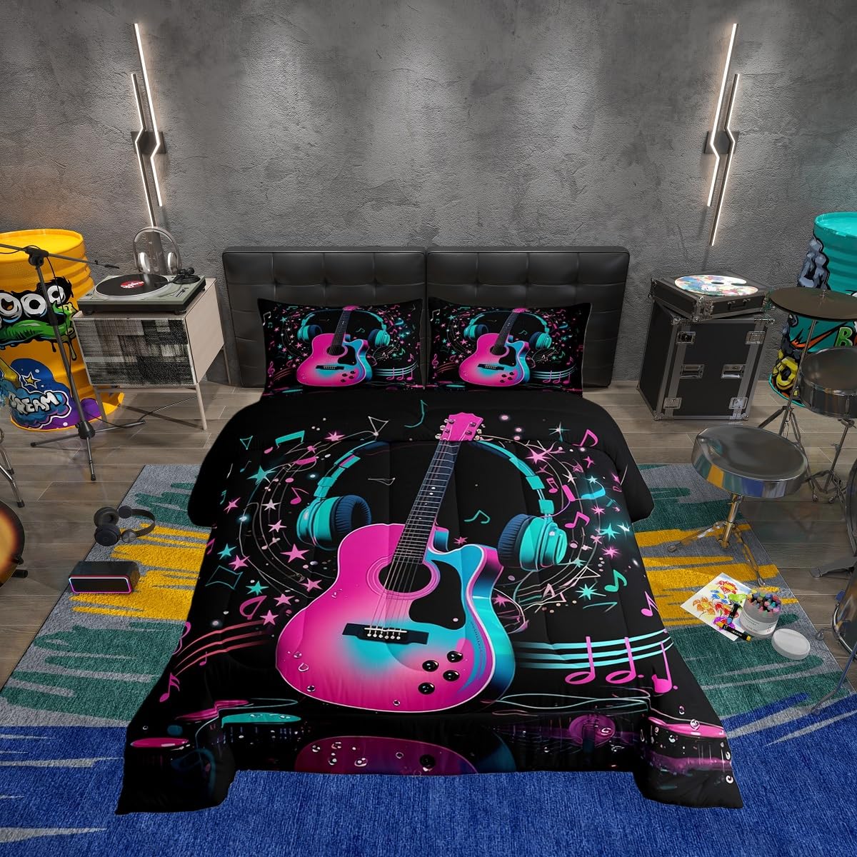 Erosebridal Guitar Music Comforter Set Queen Musical Notes Guitar Bedding Set Pop Music Theme Comforter for Kids Boys Girls,Fashion Hot Pink Blue Quilt Duvet