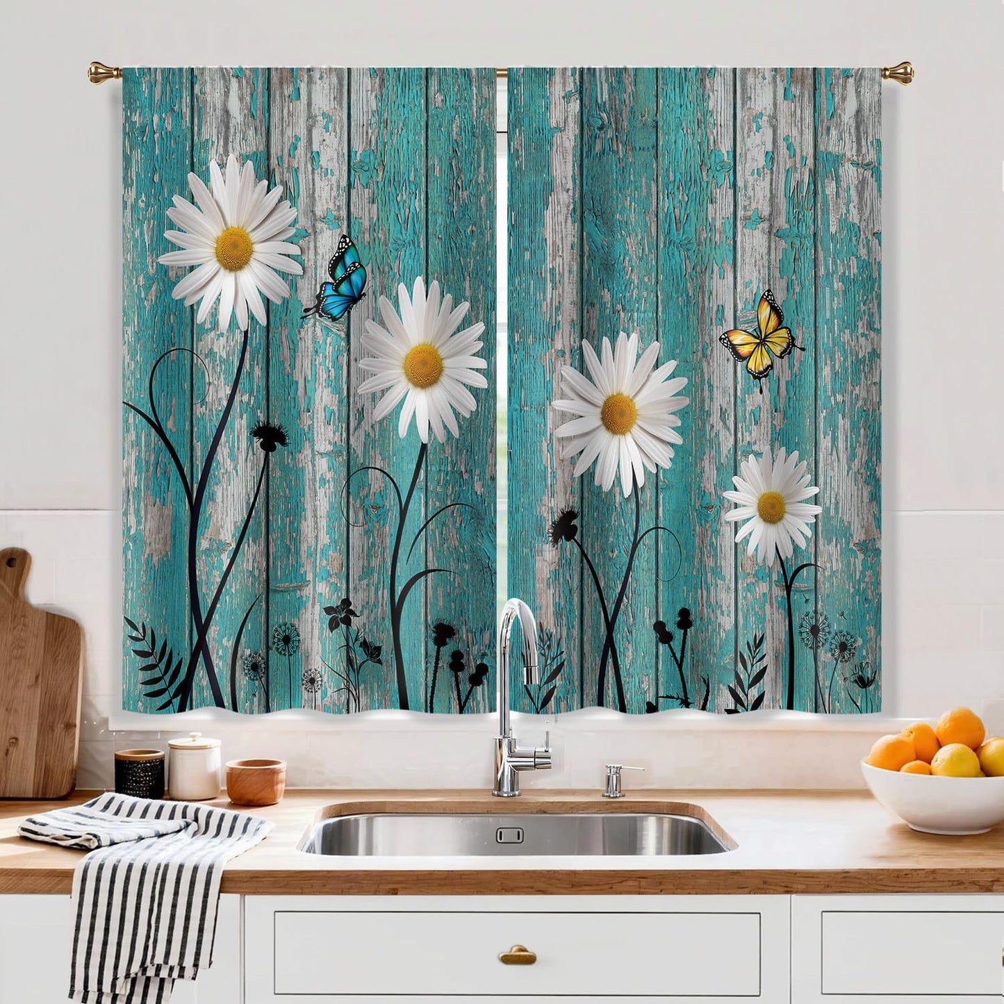 Cizuug Farmhouse Teal Daisy Kitchen Curtains Rustic Wooden Country Small Short Cafe Window Curtains Vintage Flower Floral Rod Pocket Bathroom Drapes Treatment Tier Curtains 2 Panels(27.5x39 Inch)