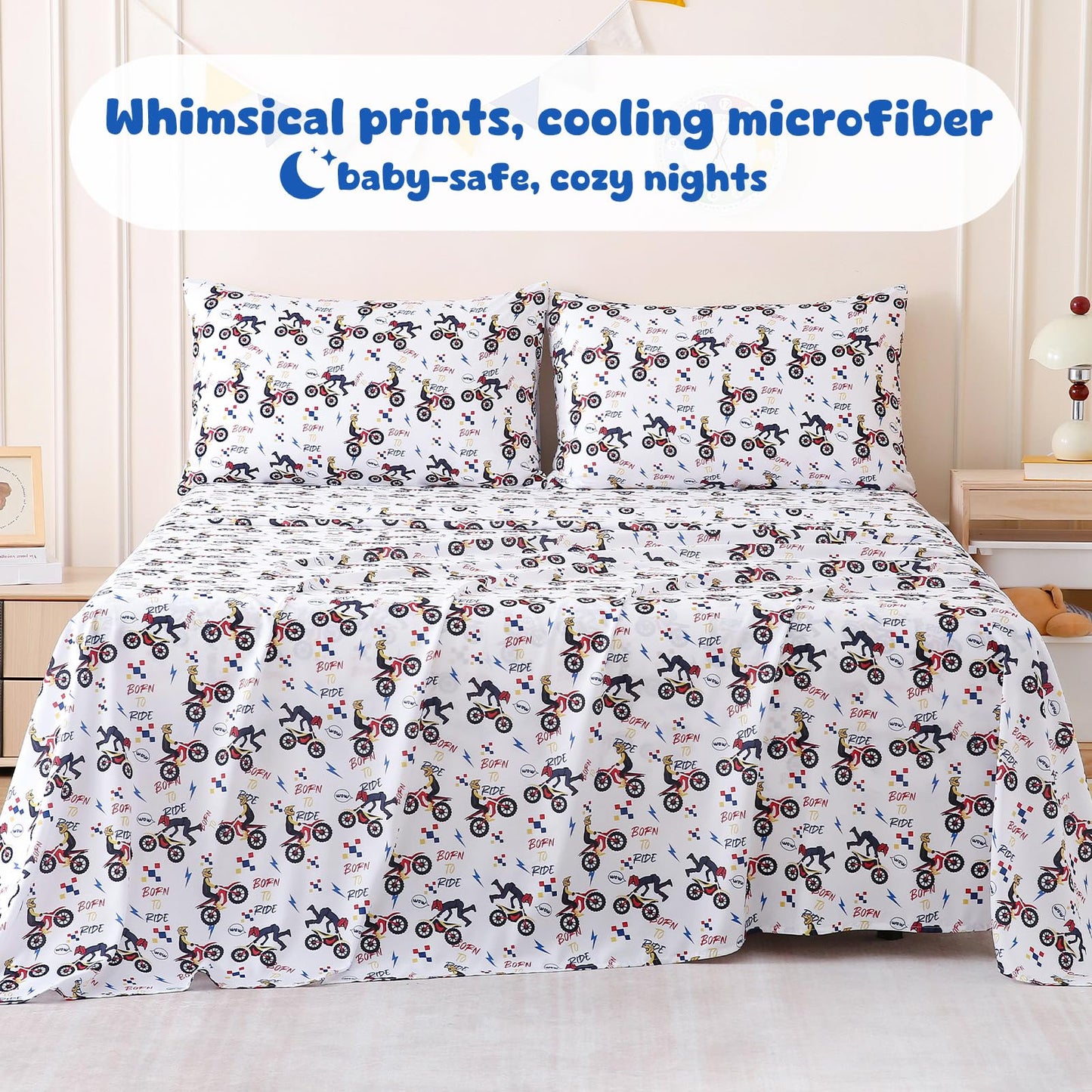 LONAVA Twin Sheet Set Kids - 3 Pieces Soft Microfiber Cartoon Style Bedsheets for Boys Girls Teens, Oeko TEX, Breathable Deep Pocket Sheets (Dirt Bike)