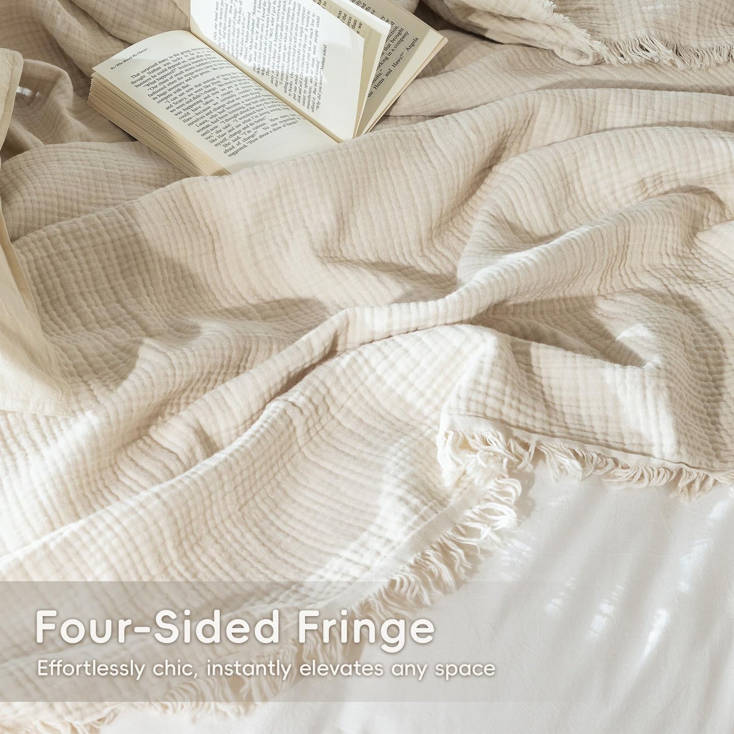 MooMee Muslin Blanket - 100% Cotton 4-Layer Gauze Throw Blanket with All-Around Fringe, Soft Breathable Lightweight Cooling Summer Blankets for Bed Couch (Beige,Queen 90" x 90")