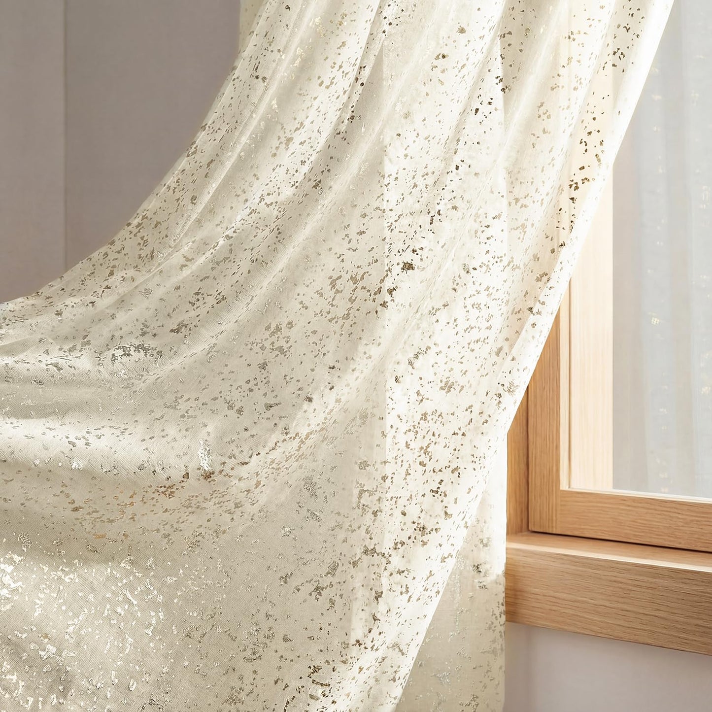 Horaldaily Beige Sheer Curtains for Living Room and Bedroom, Sliver Sequin Glitter Metallic Foil, Scenery Light Filtering Window Curtains, 52" W x 84" L, Set of 2 Curtain Panels