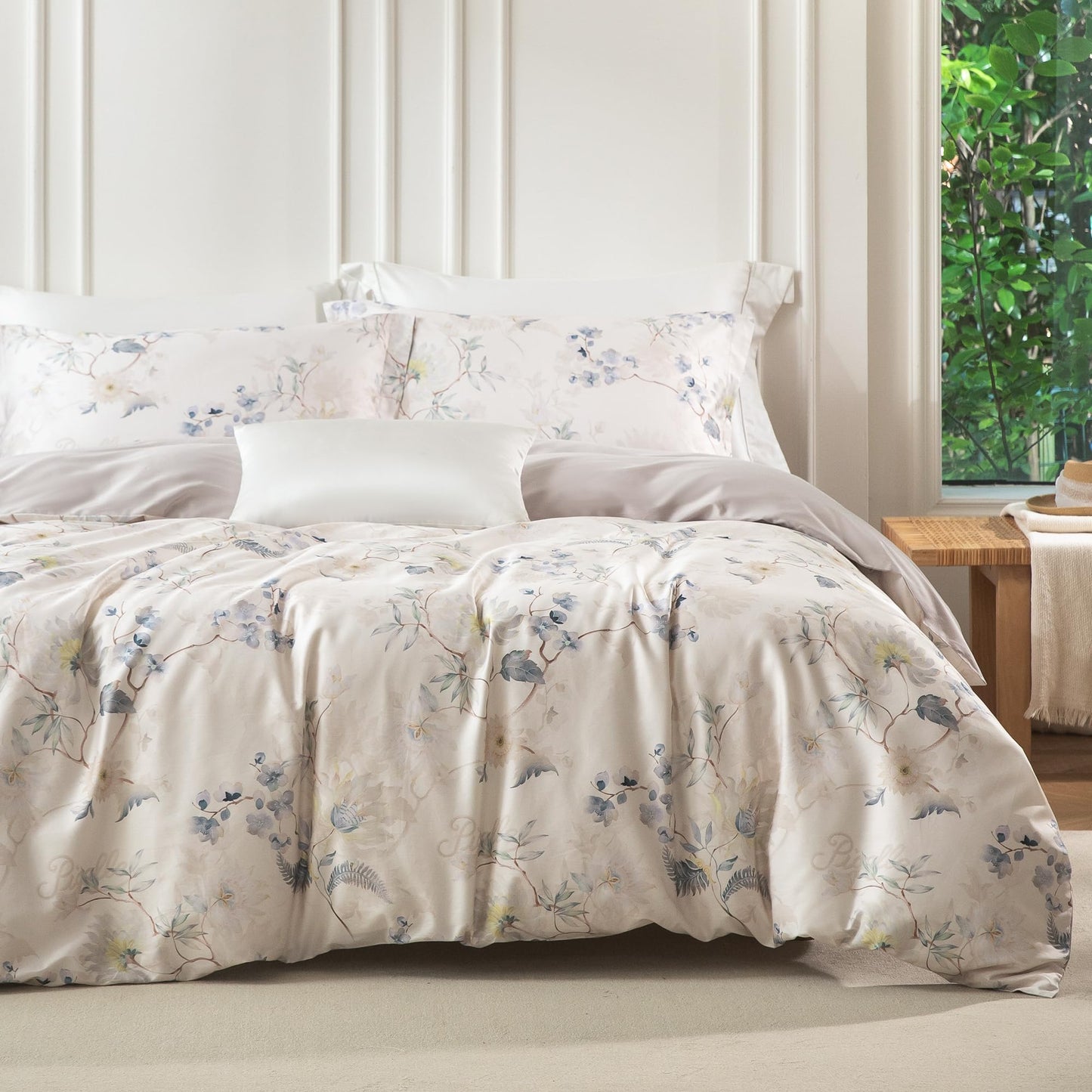 MILDLY Queen Duvet Cover Set - 100% Long-Staple Cotton Elegant Floral Patten Reversible Comforter Cover - 3Pcs Soft Breathable Luxury Bedding for All Season