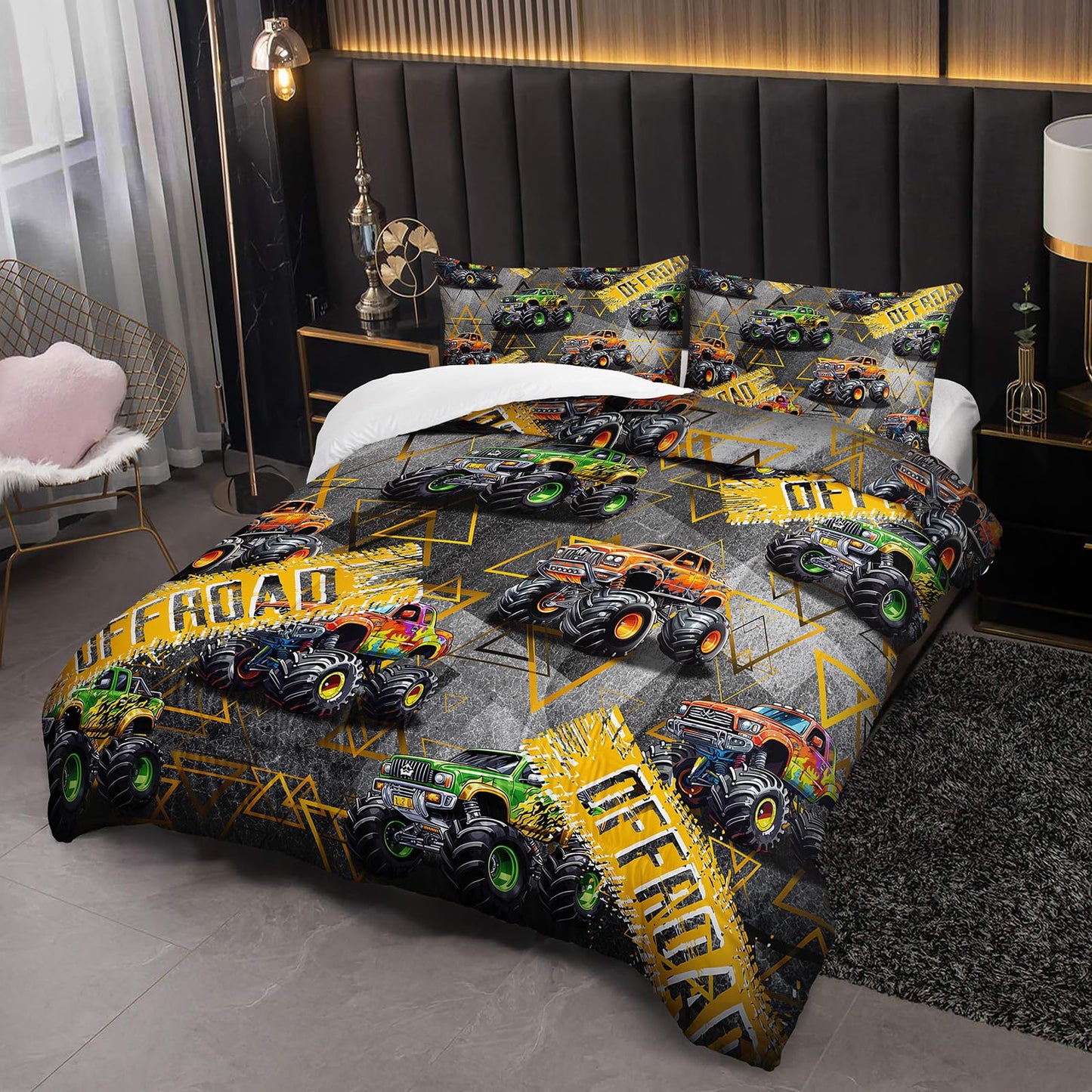 lneffble Full Size Monster Truck Comforter Sets for Boys，Monster Truck Full Size Bedding Sets Boys，with 1 Comforter with 2 Pillow Case，Kids Monster Truck Themed Bedroom Decor