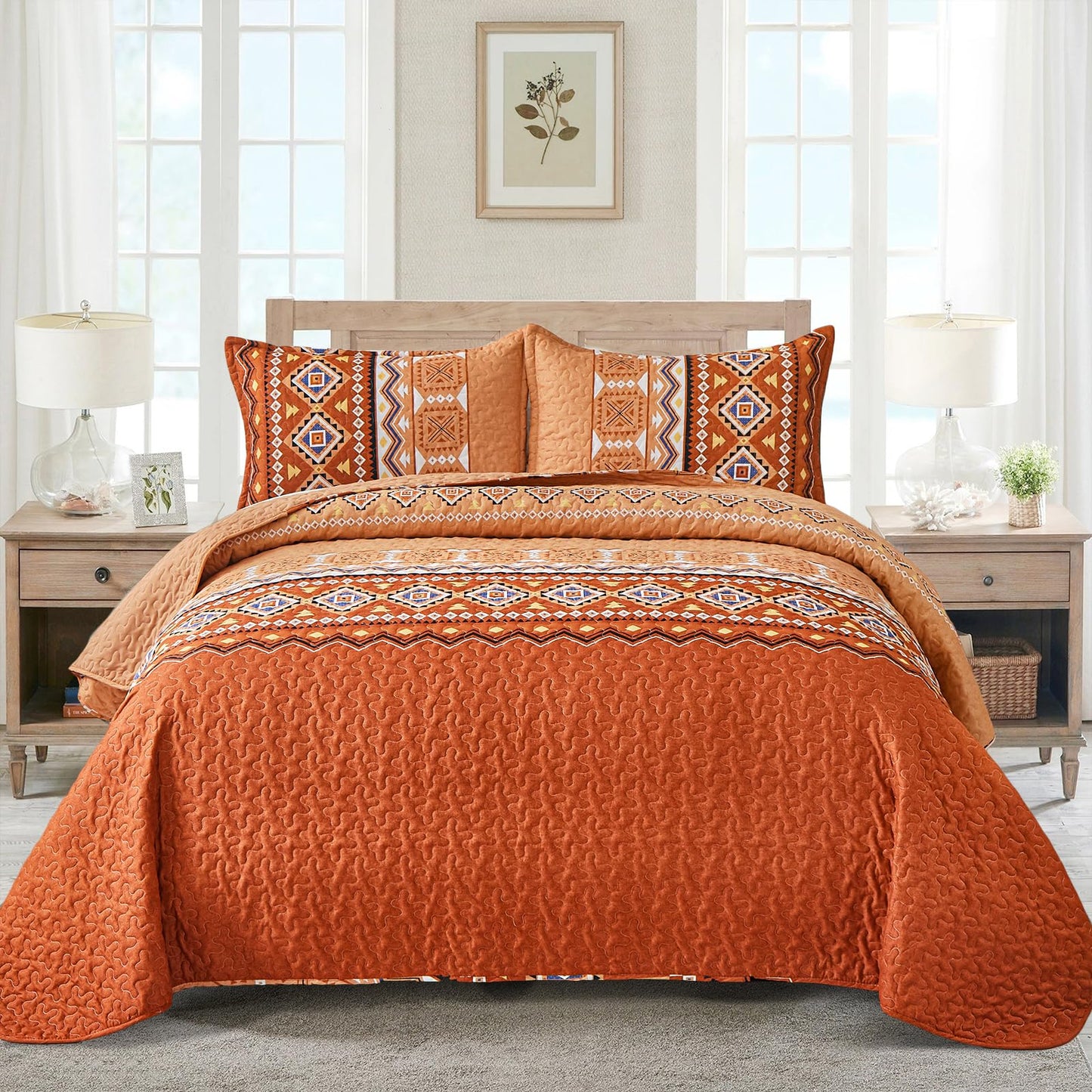 WONGS BEDDING 3 Pieces Quilt Set California King, Burnt Orange/Rust Thanksgiving Quilt Bedspread Bohemian Coverlet Set with 2 Pillowcase, Fall Soft Thanksgiving Bedding Set All Season 106"×96"