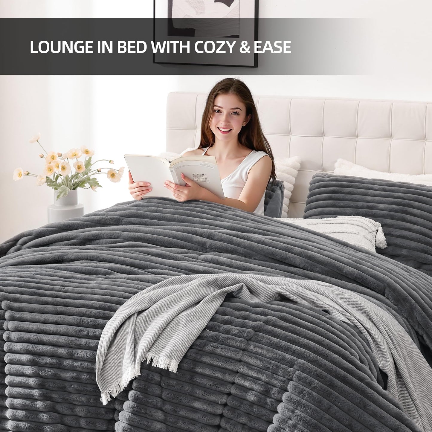 Smoofy Fluffy King Size Comforter Set 3 Pieces - Dark Grey Fleece Fluffy Comforter Set, Luxury Fuzzy King Bedding Set, Soft King Bed Set All Season, Heavy Faux Fur Comforter with 2 Pillow Cases