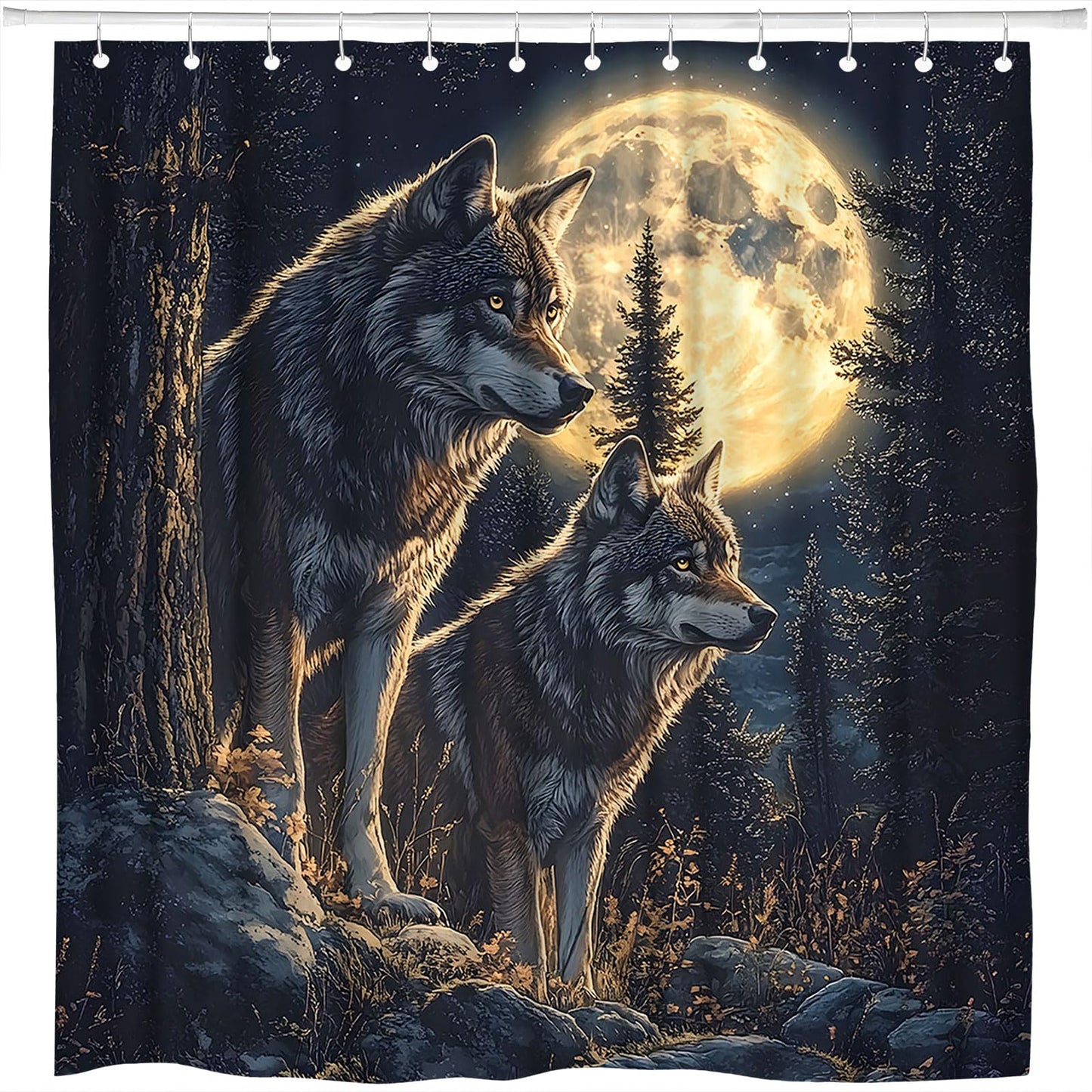 Wolf Shower Curtain Wild Animal Stand Under Super Moon Black Grey Starry Pine Tree Misty Forest Safari Country Hunting Theme Bathroom Polyester Curtains Set with Hooks 70x70 Inch
