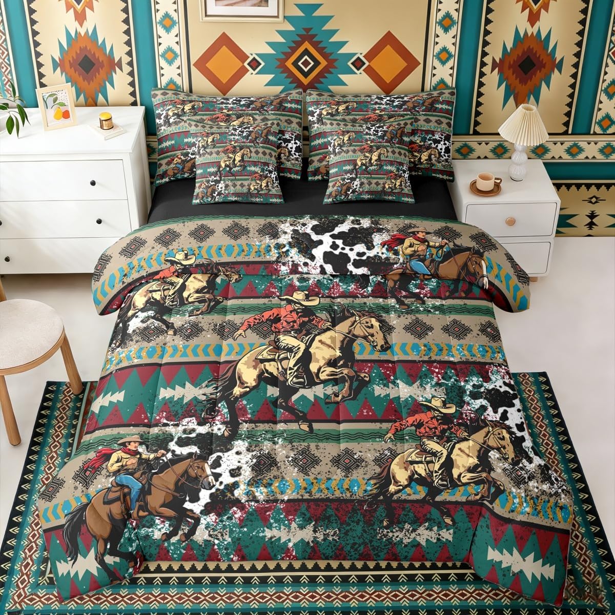 Erosebridal Fur Print Cowboy Red Blue Brown Aztec Full Comforter Set 7 Pieces | Tribal Bohemian Ethnic Bed in A Bag for Bedroom Cowhide Pattern Bedding Set with Comforters Retro Adults Room Decor