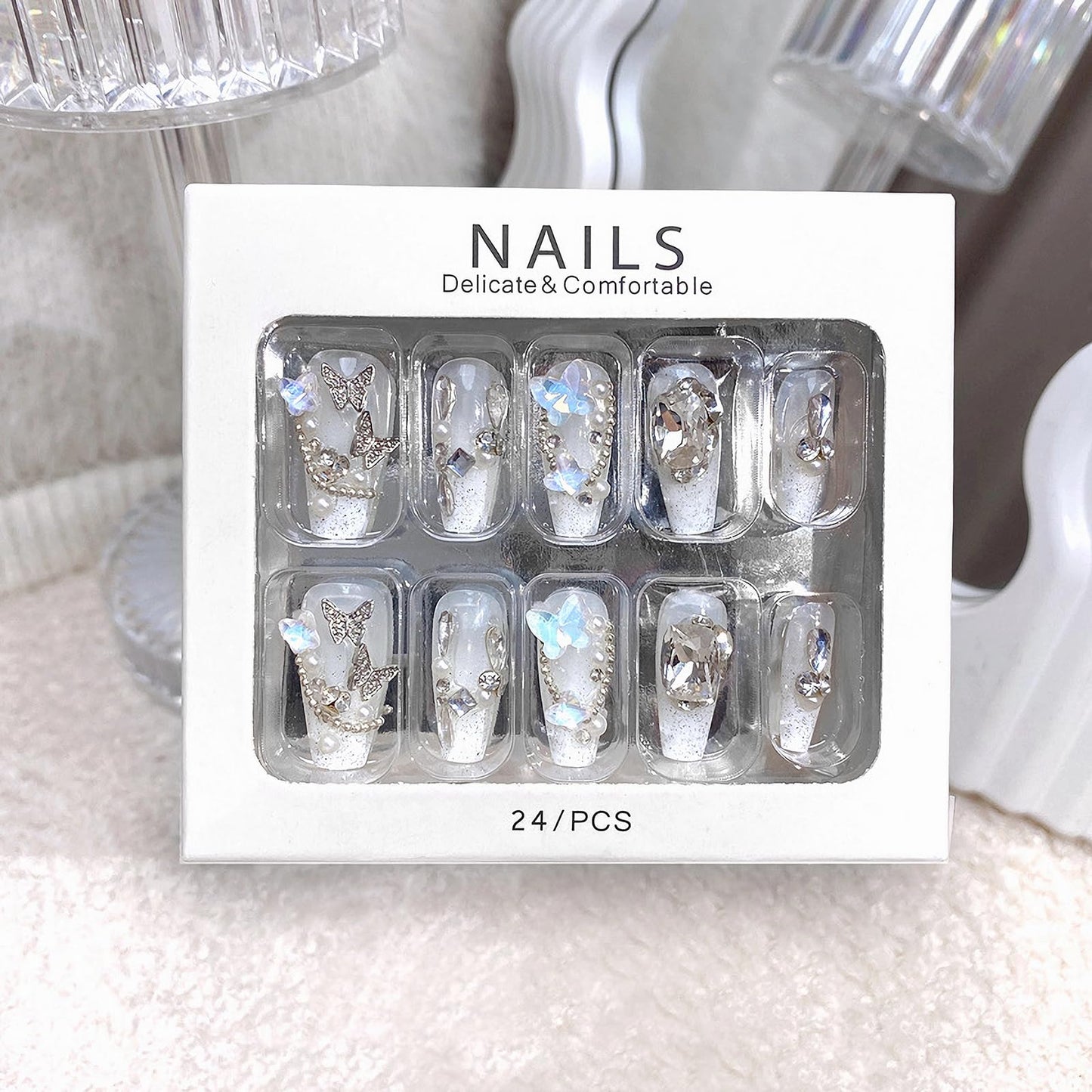 MISUD Press on Nails - Long Coffin Fake Nails with White Rhinestone, Acrylic Handmade Design 24 pcs