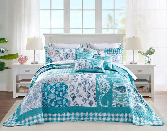 HZ & HY Coastal Oversized King Bedspread 128x120 Extra Wide, Reversible Beach Pattern Quilt Set King/Cal King, Lightweight Coverlet, Scalloped Edge - Nautical Coastal Look, 6 Piece, Seahorse