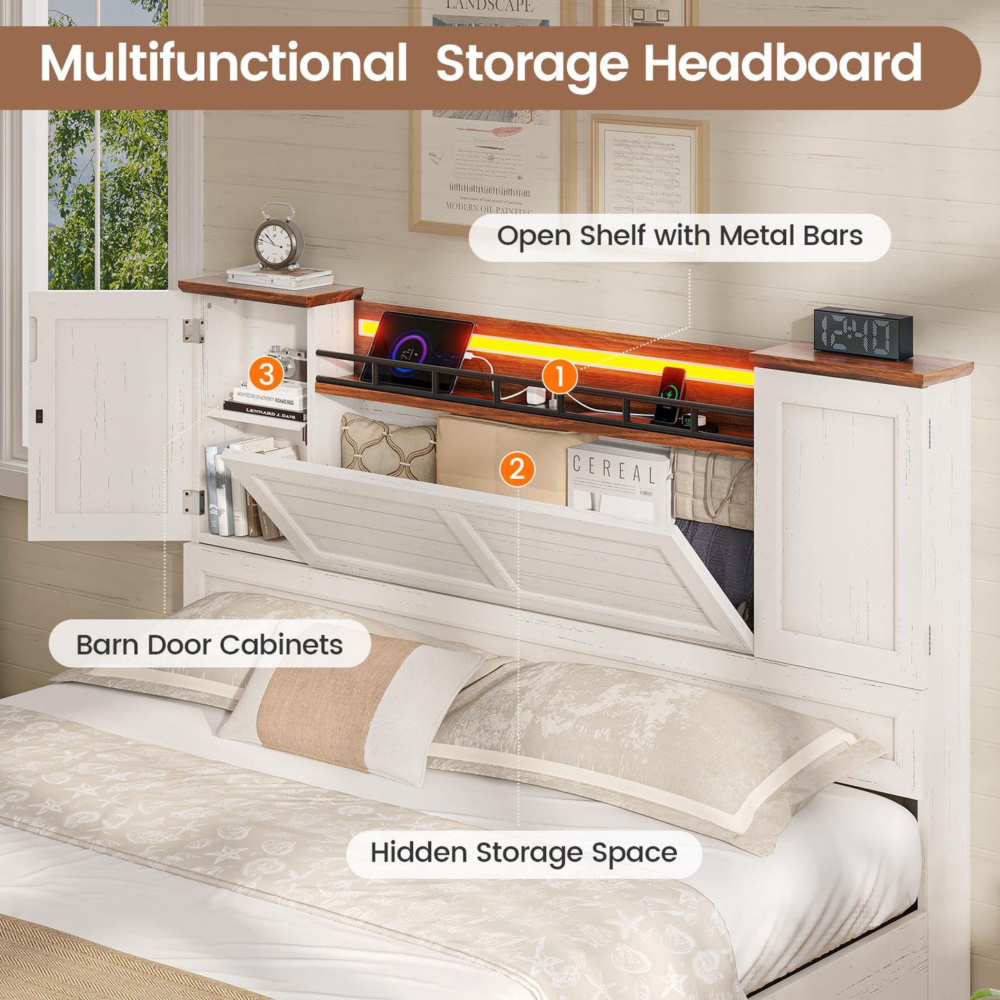 VIAGDO Full Bed Frame with Headboard and Storage Cabinets, Farmhouse Bed Frame Full Size with Charging Station and LED Lights, Wooden Platform Bed Frame with 4 Drawers, No Box Spring Needed, White
