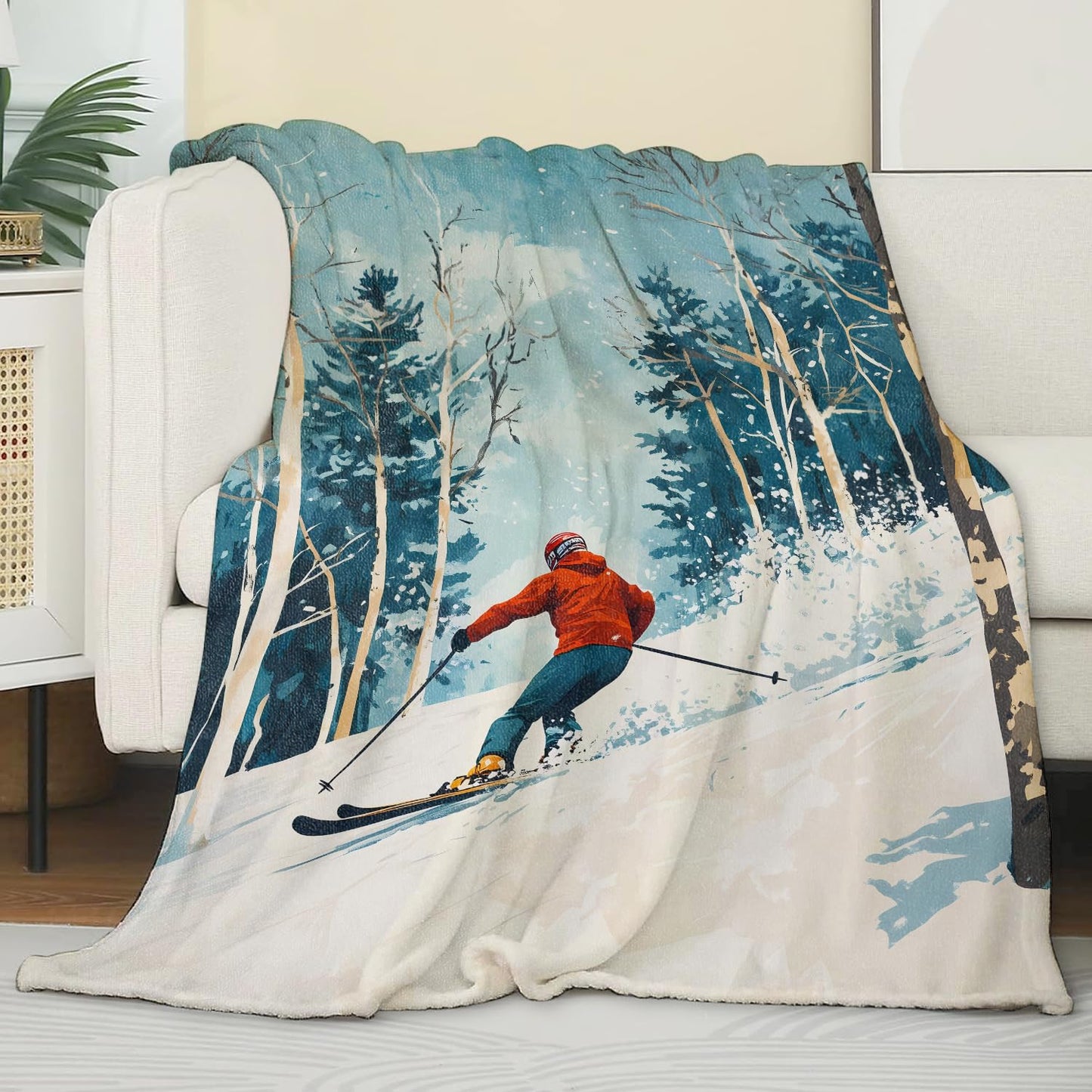 Ski Blankets for Adult Kids, Flannel Ski Throw Blanket, Birthday Gifts, Ski Decor for Sofa Couch Bed Living Room Soft Warm Lightweight Cozy 60" x 50"