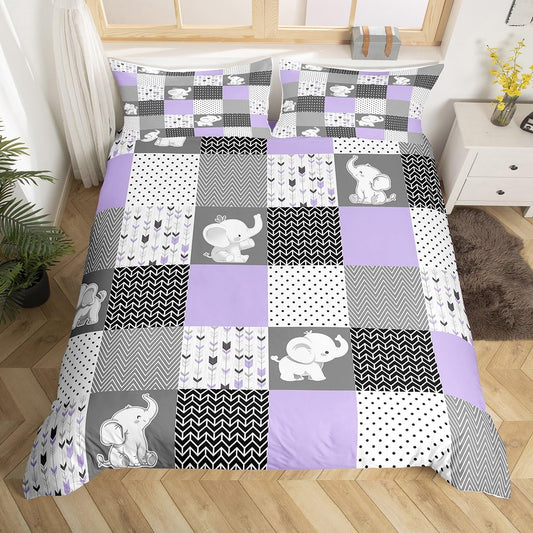 Purple Gray White Grid Duvet Cover Queen Size,Kawaii Animals Comforter Cover with 2 Pillowcase for Teens,Cartoon Elephant Bedding Set,Vintage Arrow Breathable 3 Pcs Decorative Bed Cover(No Comforter)
