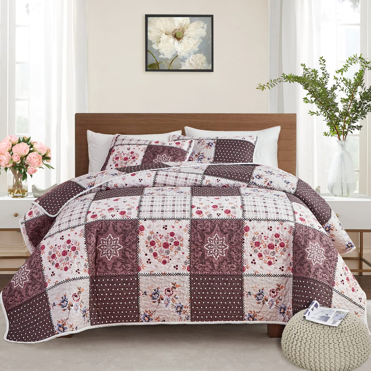 Patchwork Quilt Set Full/Queen Size, 3 Pieces Brown Floral Plaid Summer Bedspread Coverlet Set, Soft Microfiber Reversible Lightweight Bed Cover for All Season (90" x 90", 1 Quilt+ 2 Pillow Shams)