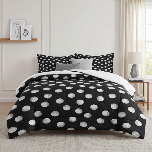 Pamnest Comforter Set Queen Size, Polka Dots Retro Soft 3 Pcs Bedding for Kids and Adults, Geometric Black Comforter Set with 2 Pillowcases, for Bedroom Bed Decor