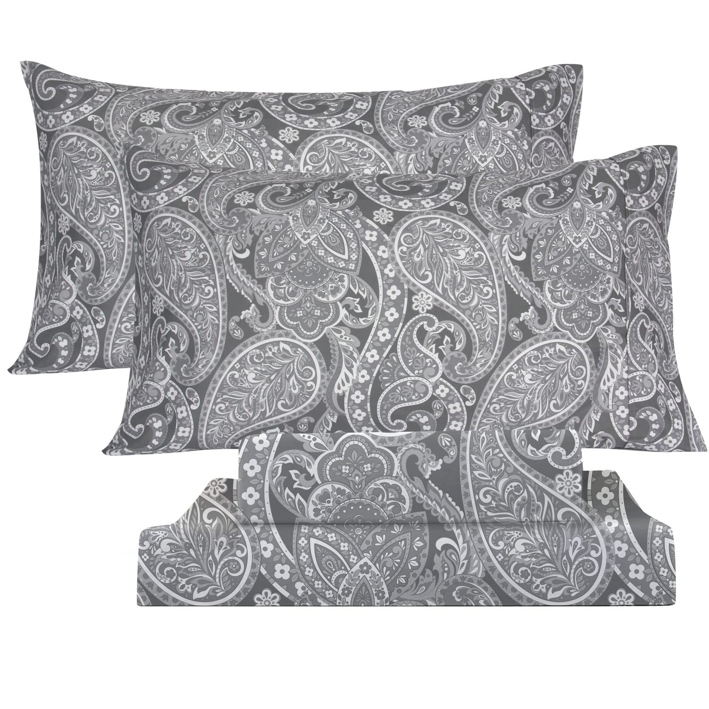 KACEMOO Bed Sheets California King Size Gray Paisley Sheets Printed Floral Sheet Set Flower Pattern Deep Pocket Fitted Bed Sheets Microfiber Soft Breathable 1800 Thread Count Double Bedding