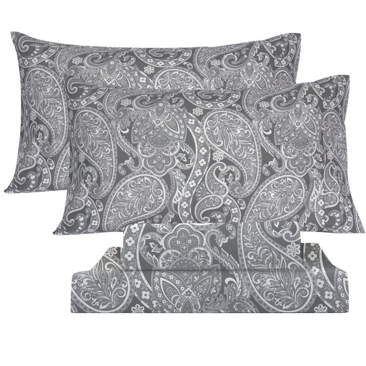 KACEMOO Bed Sheets California King Size Gray Paisley Sheets Printed Floral Sheet Set Flower Pattern Deep Pocket Fitted Bed Sheets Microfiber Soft Breathable 1800 Thread Count Double Bedding
