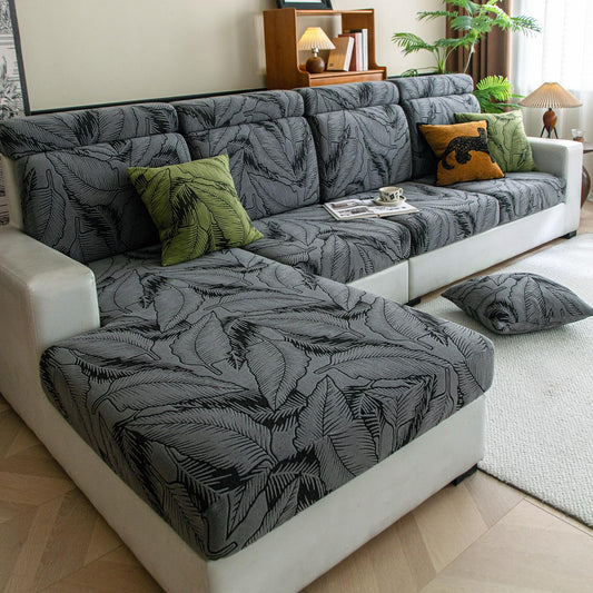 VOGOL Stretch Sofa Cushion Cover, Tropical Botanical Leaf Print Couch Slipcover for 2 or 3 Seater, High Elasticity Furniture Protector, 25x53 Inches, 1 Piece, Gray