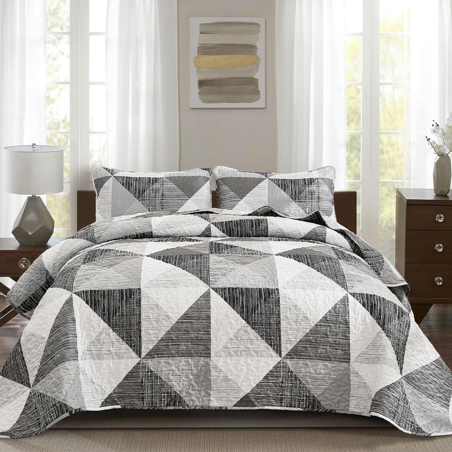 Dintszyayue Quilt Queen Size Grey, 3 Pieces Patchwork Bedspread Bedding for Queen Size Bed, Soft Lightweight Microfiber Geometric Coverlet Set for All Season Quilt with 2 Pillowcases