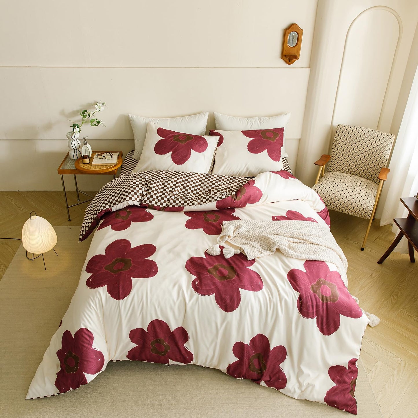 CLOTHKNOW Burgundy Sunflower Queen Comforter Set Floral Bedding Comforter Sets Brown Plaid Queen Comforter Soft All Season