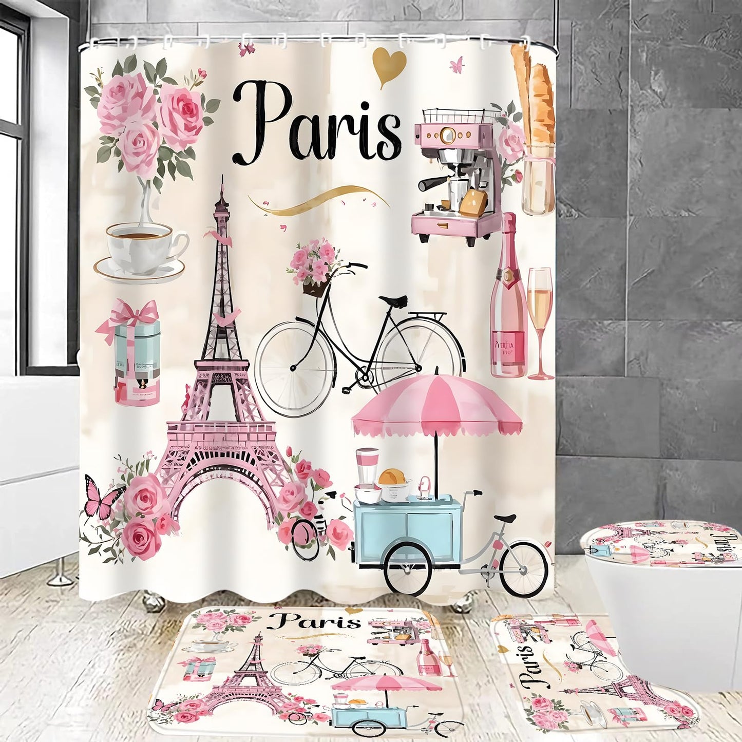 Chrainy 4Pcs Paris Eiffel Tower Shower Curtain Sets Bathroom Set Decor with Non-Slip Rugs Bath U-Shaped Mat Toilet Lid Cover Waterproof Pink Romantic Bathroom Curtains Shower Set with 12 Hooks