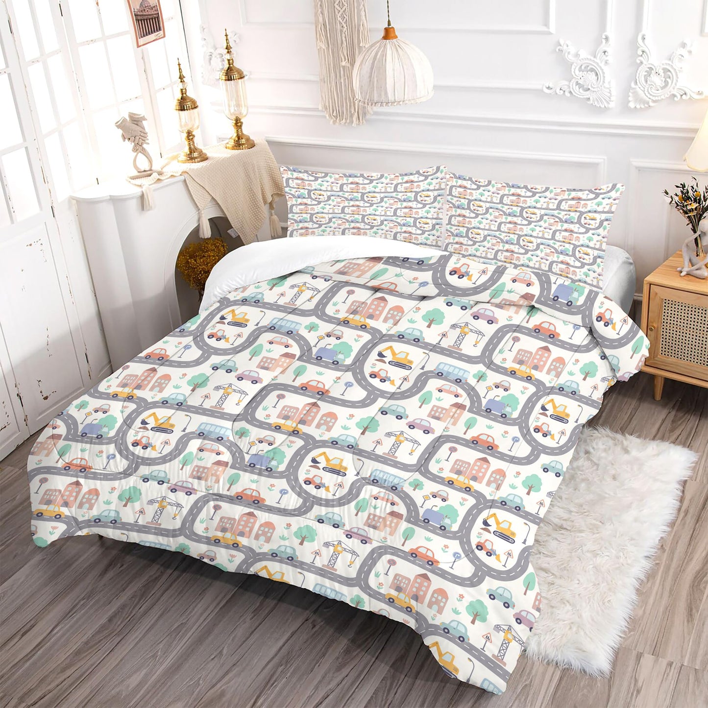 VTKON Construction Truck Comforter Set for Kids Full 3Pcs with 1 Comforter and 2 Pillowcases Cute Traffic Car Bedding Boys Vehicle Themed Bed Set Microfiber for All Season