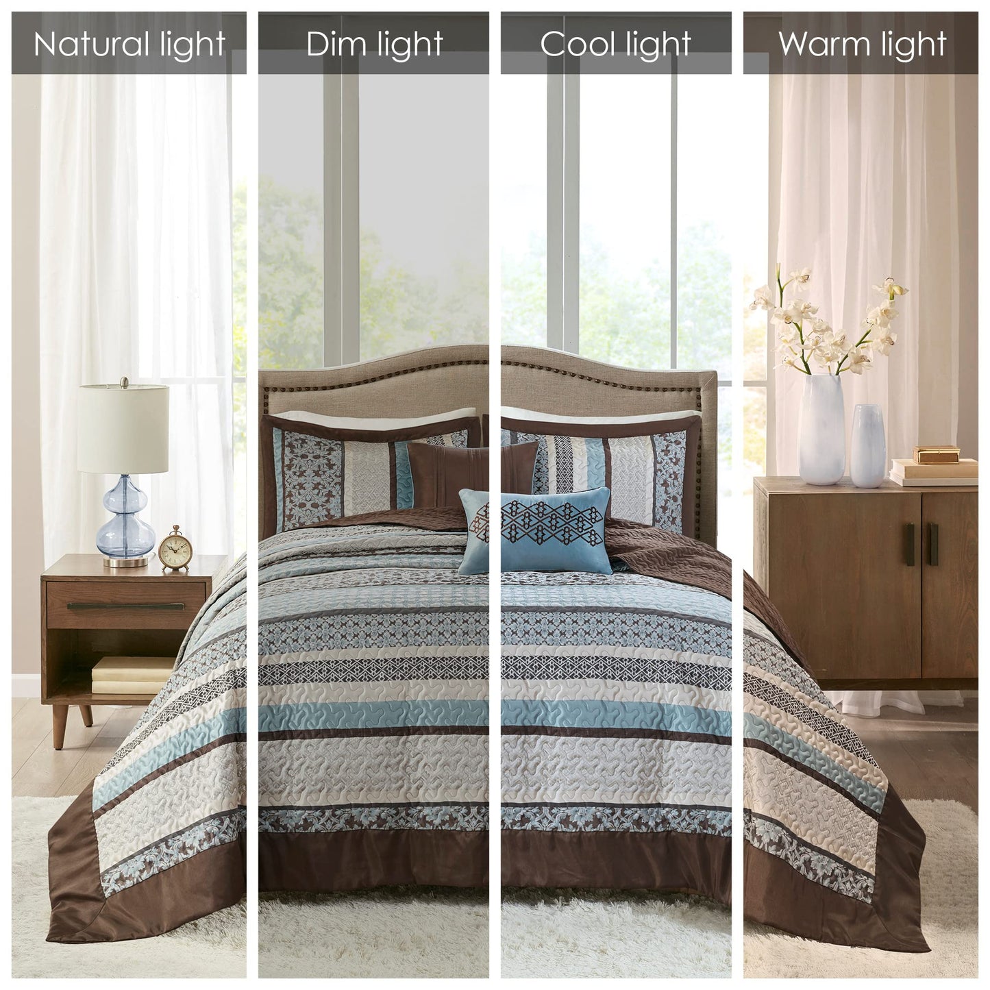 Madison Park Princeton Reversible Quilted Bedspread Set, Solid Reverse Summer Breathable, Lightweight All Season Bedding Layer, Matching Shams, Bedspread King(120"x118"), Blue 5 Piece