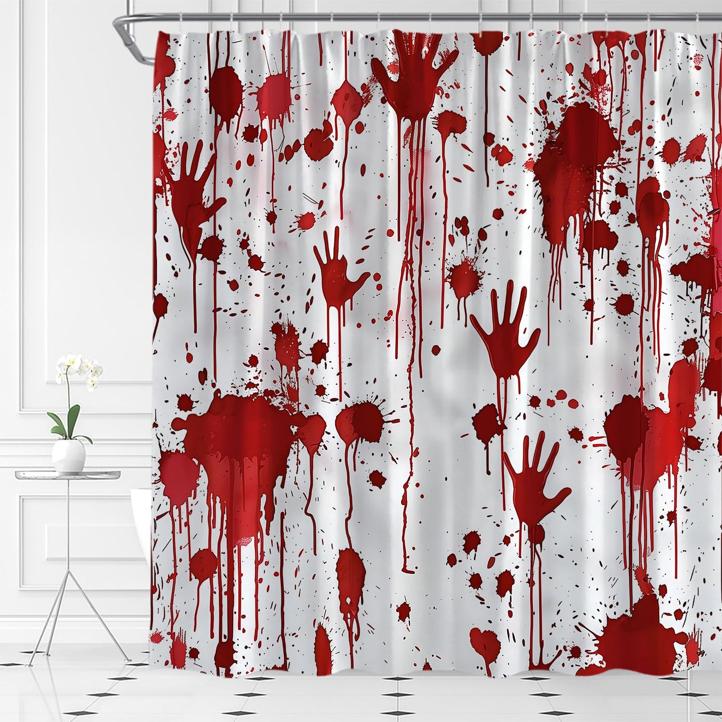 HWSSHW Bloody Halloween Shower Curtain Scary Horror Blood Handprint Red Splash Gothic Spooky Mysterious Terror Fabric Bathroom Decor Bath Curtain with Hooks