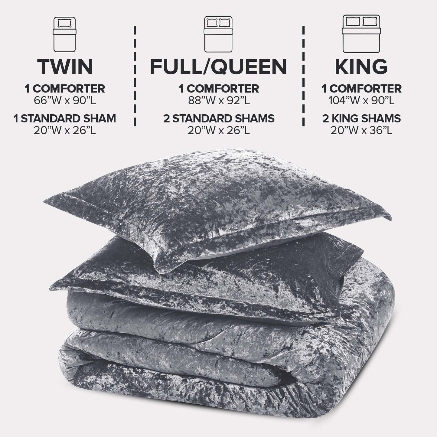 Comfort Spaces Juliette Luxe Comforter Set Velvet Lush with Soft Brushed Microfiber Reverse, All Season Cozy Velvet Bedding Sets, Fluffy Comforter Bed Set, Matching Sham, Grey Full/Queen 3 Piece