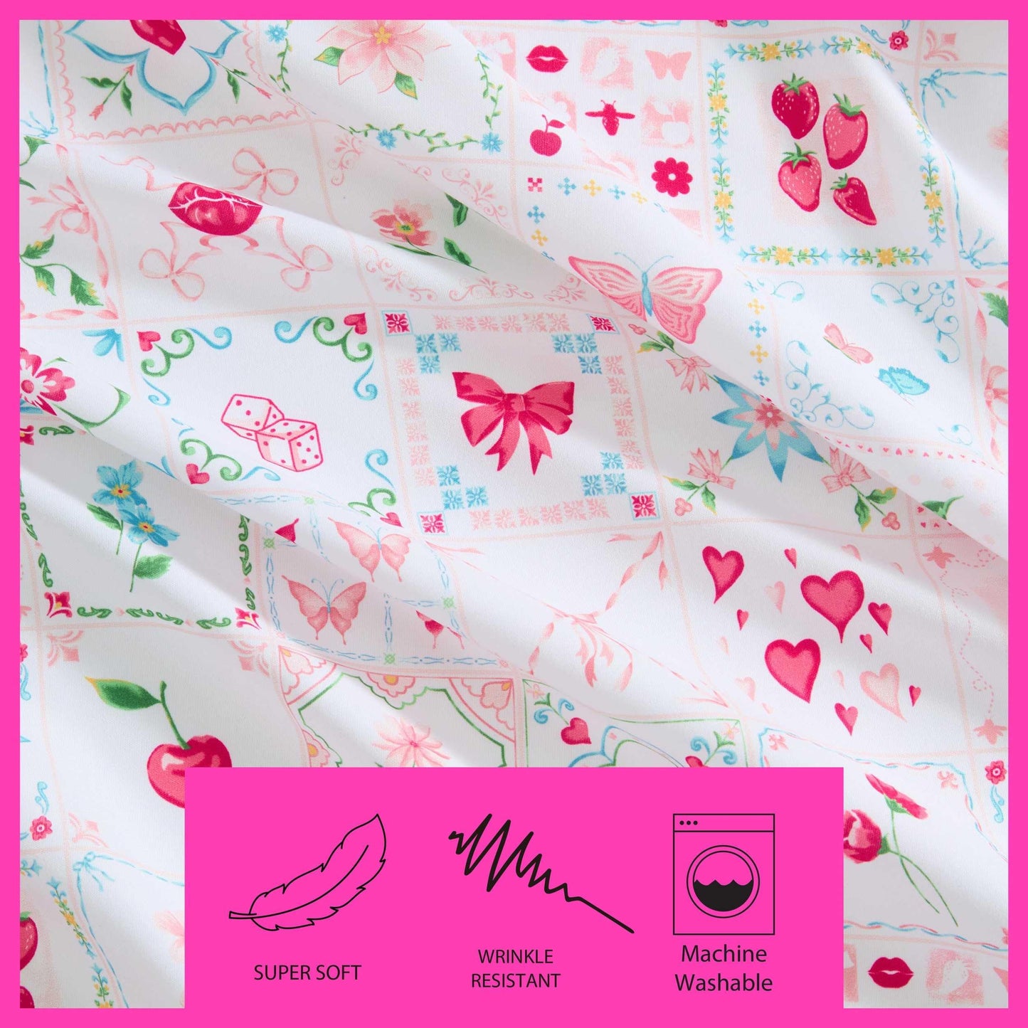 Betsey Johnson - Queen Size Sheet Set, Nerdy Teddies Print Microfiber Bedding with Deep Pocket Fitted Sheet, Bed Sheets with Matching Pillowcases, Pretty Tiles Pink