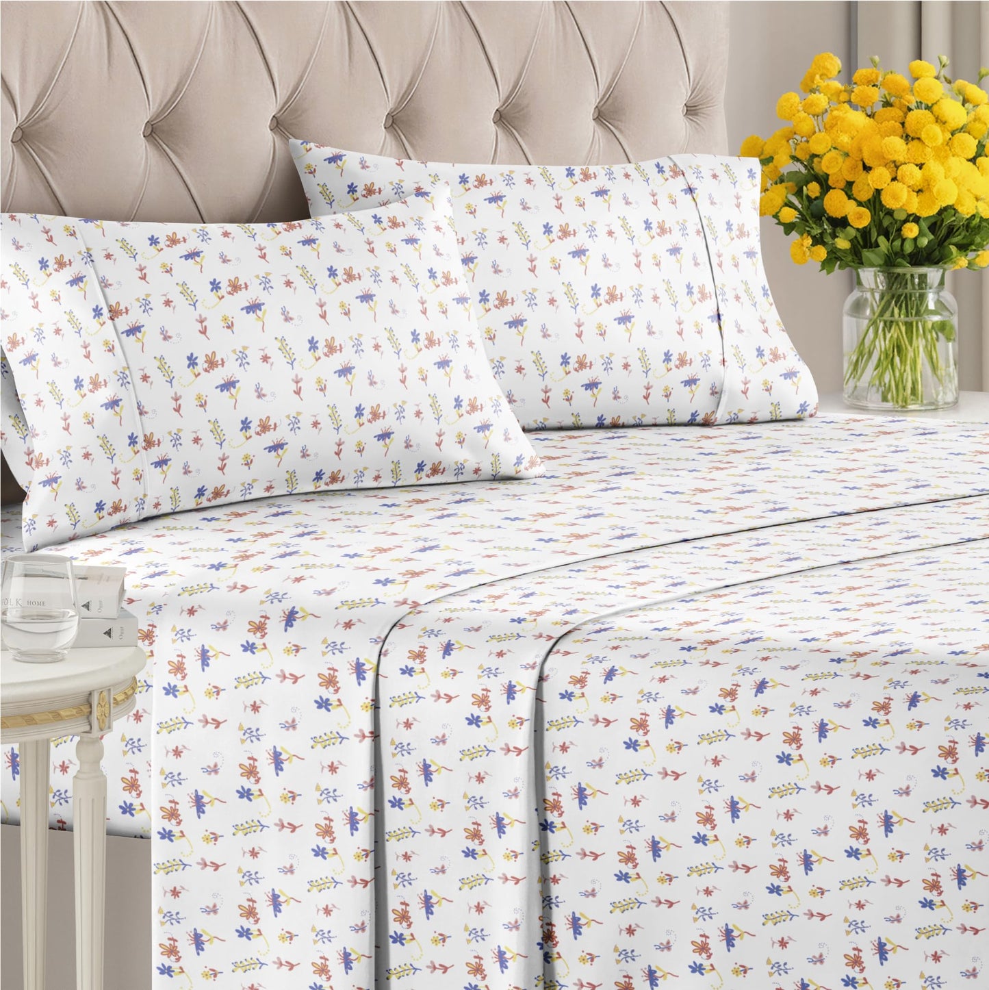 Floral Sheets - Butterfly Floral Bed Sheet Set - 1 Flat, 1 Fitted & 2 Pillowcases w/ Deep Pockets - Wrinkle & Fade Free Boho Botanical Bedding - Ultra-Soft, Breathable and Cooling - King Size Bed Set