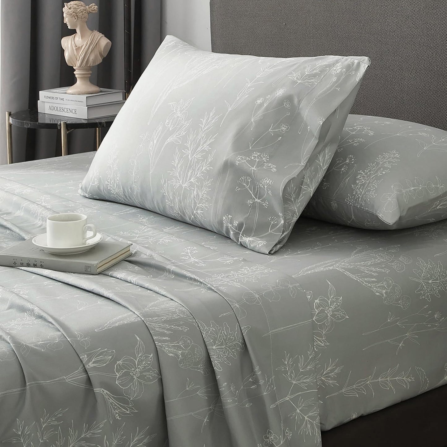 HYPREST Floral Bed Sheets, 18 Inch Deep Pocket Queen Sheets Ligh Grey Patterned Sheets Soft Luxury Cooling 1800 Thread Count