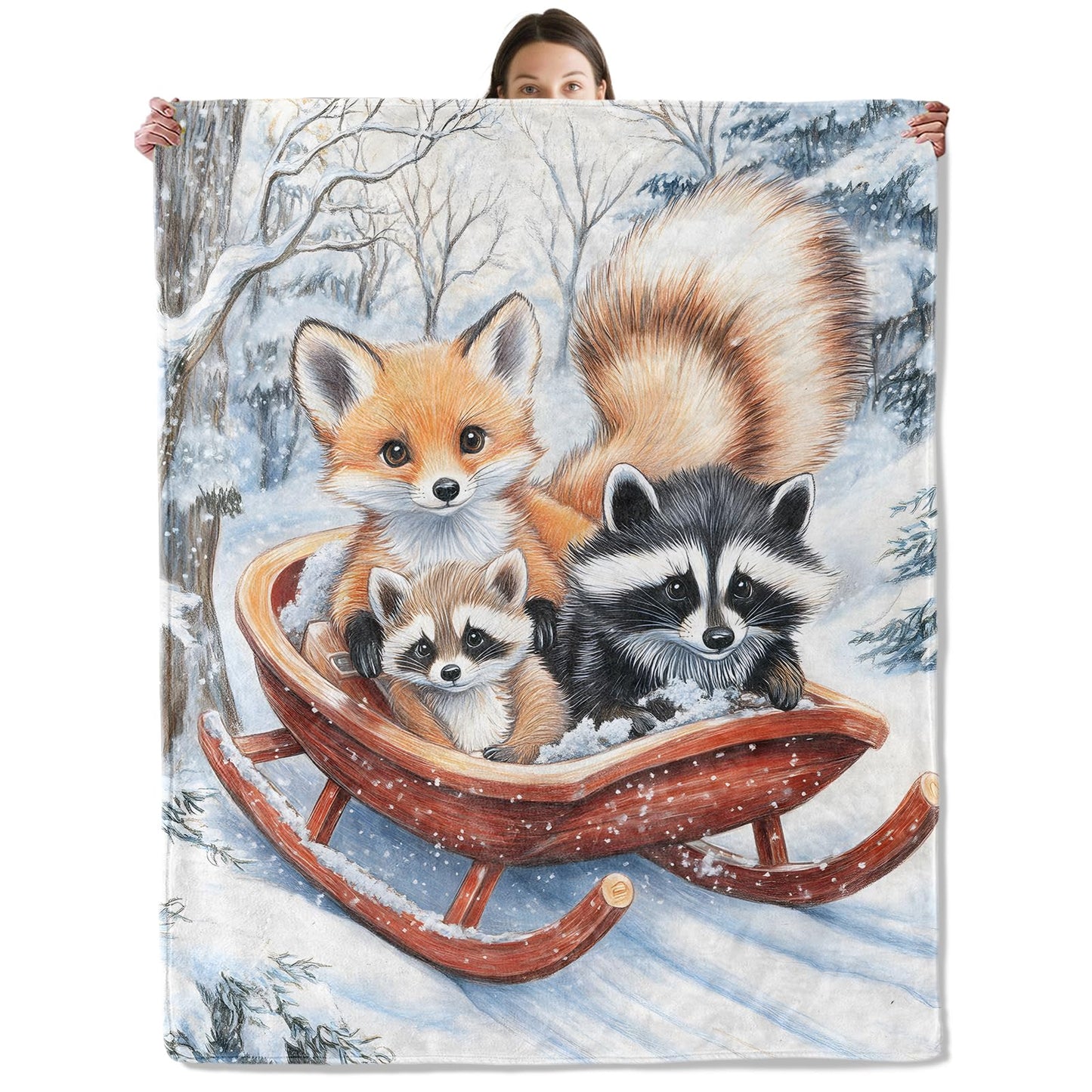 wyxdwh Cute Fox and Raccoon Blanket, Cozy Flannel Winter Snowy Forest Throw Blanket for Couch Outdoor, Plush Soft Lightweight Travel Blankets for Bed Decor and Gifts, for Women Adults Kids 50"x60"
