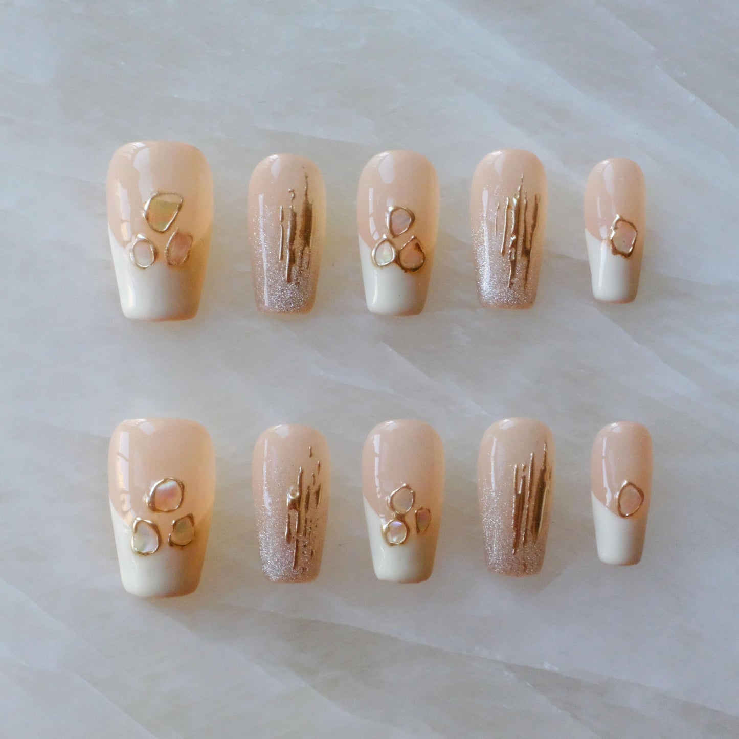 [GLORS] Purly Handmade Medium Ballerina Press on Nails | Mica Love - Shell Piece Pure and Seductive Fake False Nail Art, 10 Pieces (Medium, MB)