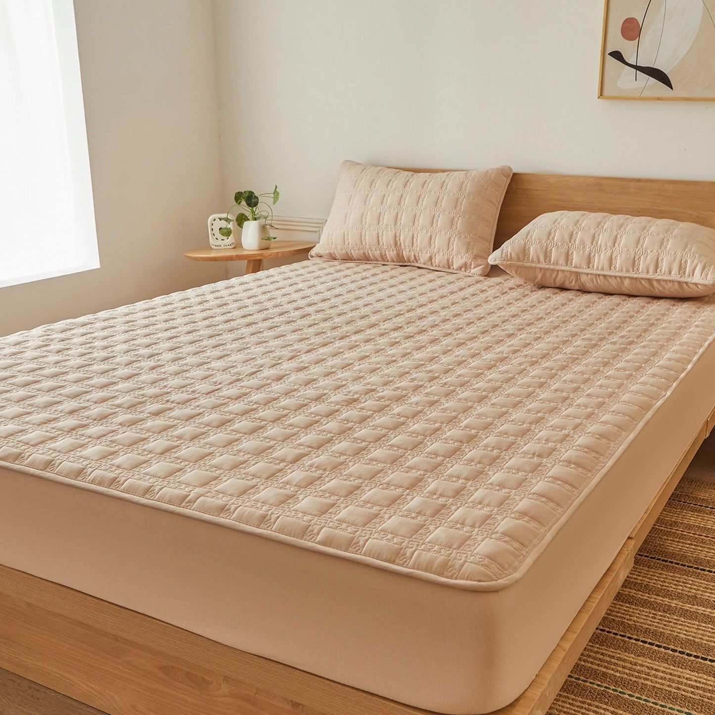 ZIQINPSQ Gingham Fitted Sheet Queen Size, 18" Deep Pocket Breathable Quilted Cotton Bed Sheet, Non-Pilling Wrinkle Resistant All-Season Mattress Cover with Pillowease, Khaki