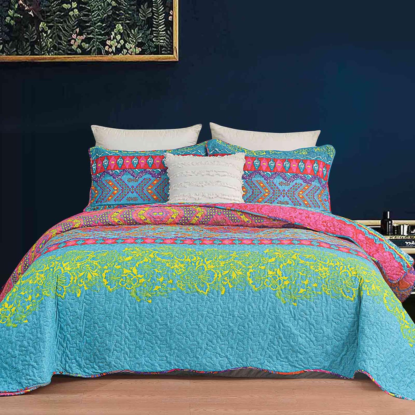 Faincy Bohemian Pink and Green Queen Size Quilt Set 3Pcs, Scalloped Edge Boho Bedspreads, Soft Lightweight Coverlet Bed Spreads, Thin Quilted Comforter Bedding Set for Women, 90x 96 Inch