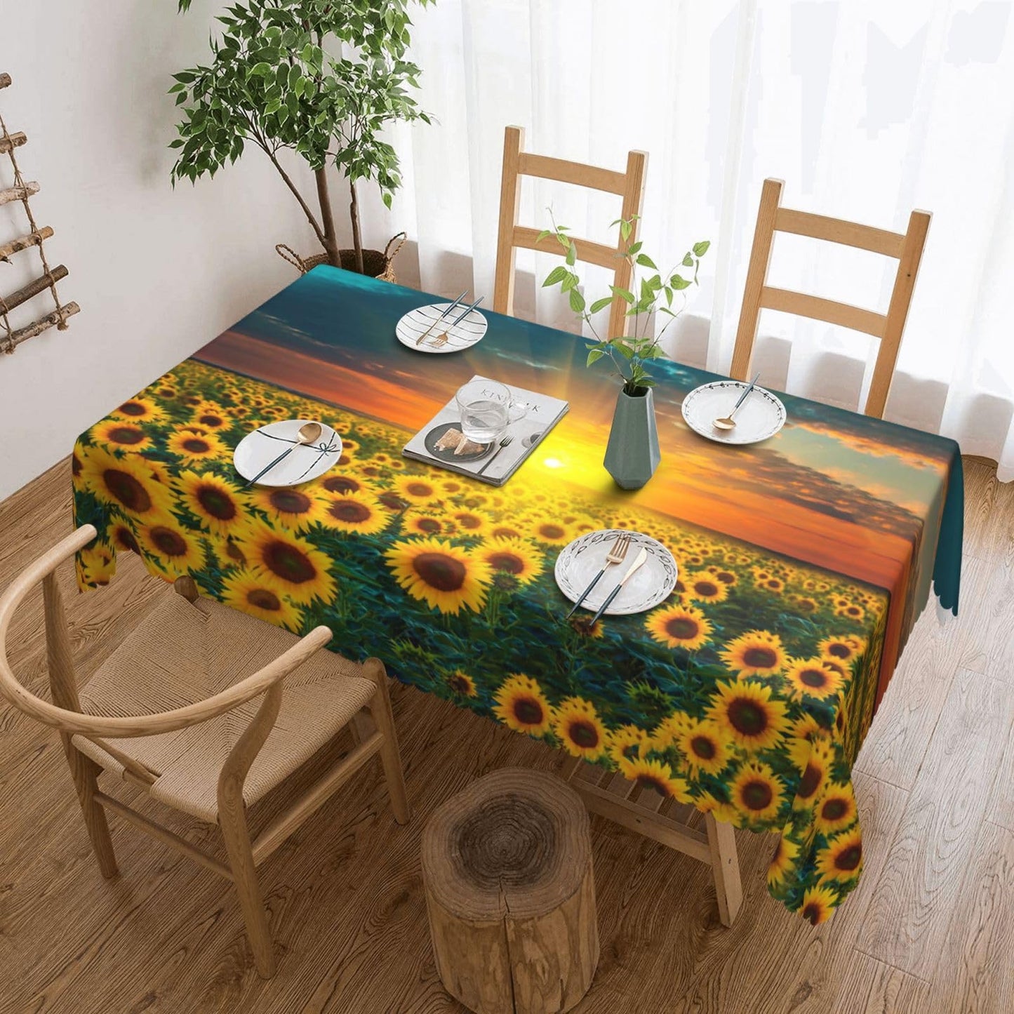 GOUROISE Sunflower Fields Rectangular Tablecloth, Sunset Sunrise 54x72 Inch Wavy Lace Border Polyester Table Cloth for Dining, Kitchen, Parties