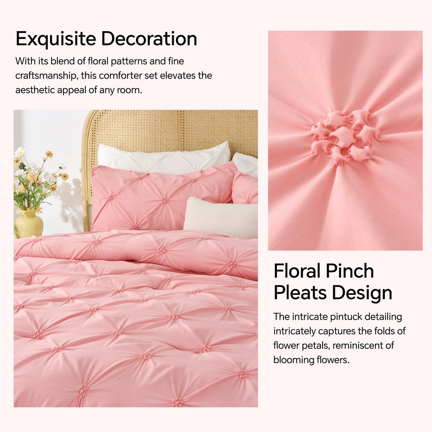 BEDELITE Pink Queen Comforter Set - 3 Pieces Boho Pintuck Bedding Comforter Sets, Lightweight Soft & Warm Bed Comforter with 2 Pillowcases for All Season,Valentines Day