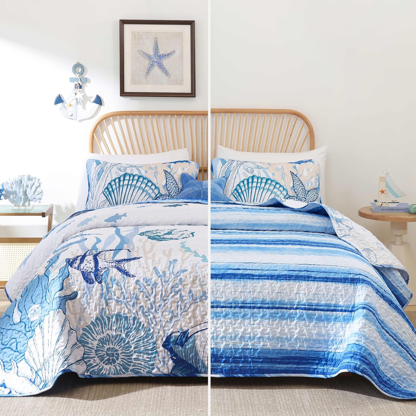 DJY Coastal King Size Quilt Set 3 Piece, Reversible Microfiber Ocean Quilt with 2 Shams Nautical Bedding Set Beach Bedspread Coverlet Summer Lightweight Comforter Set for All Season, 110"x90"
